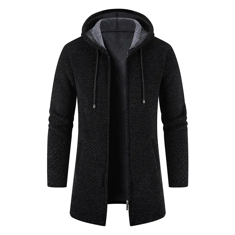 Men's Thick Plush Mid-Length Hooded Cardigan Sweater