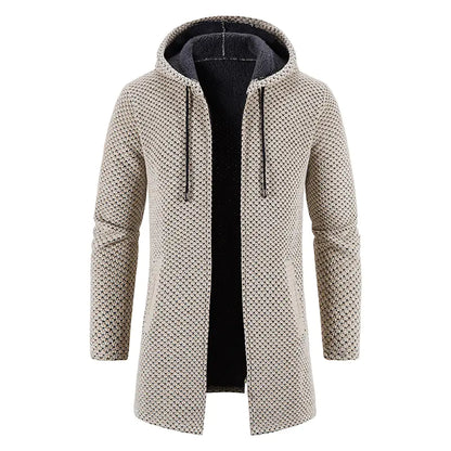 Men's Thick Plush Mid-Length Hooded Cardigan Sweater