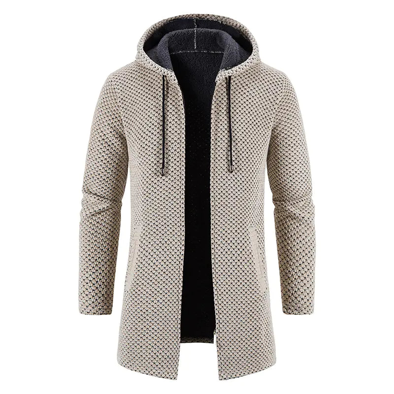 Men's Thick Plush Mid-Length Hooded Cardigan Sweater