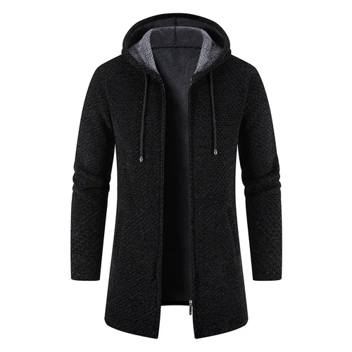 Men's Thick Plush Mid-Length Hooded Cardigan Sweater