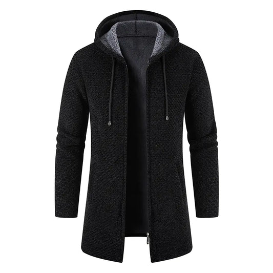Men's Thick Plush Mid-Length Hooded Cardigan Sweater