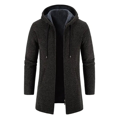 Men's Thick Plush Mid-Length Hooded Cardigan Sweater