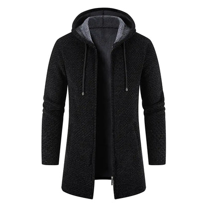 Men's Thick Plush Mid-Length Hooded Cardigan Sweater