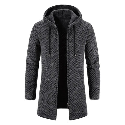 Men's Thick Plush Mid-Length Hooded Cardigan Sweater
