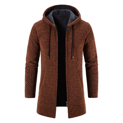 Men's Thick Plush Mid-Length Hooded Cardigan Sweater