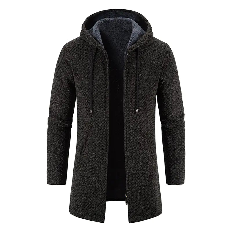 Men's Thick Plush Mid-Length Hooded Cardigan Sweater