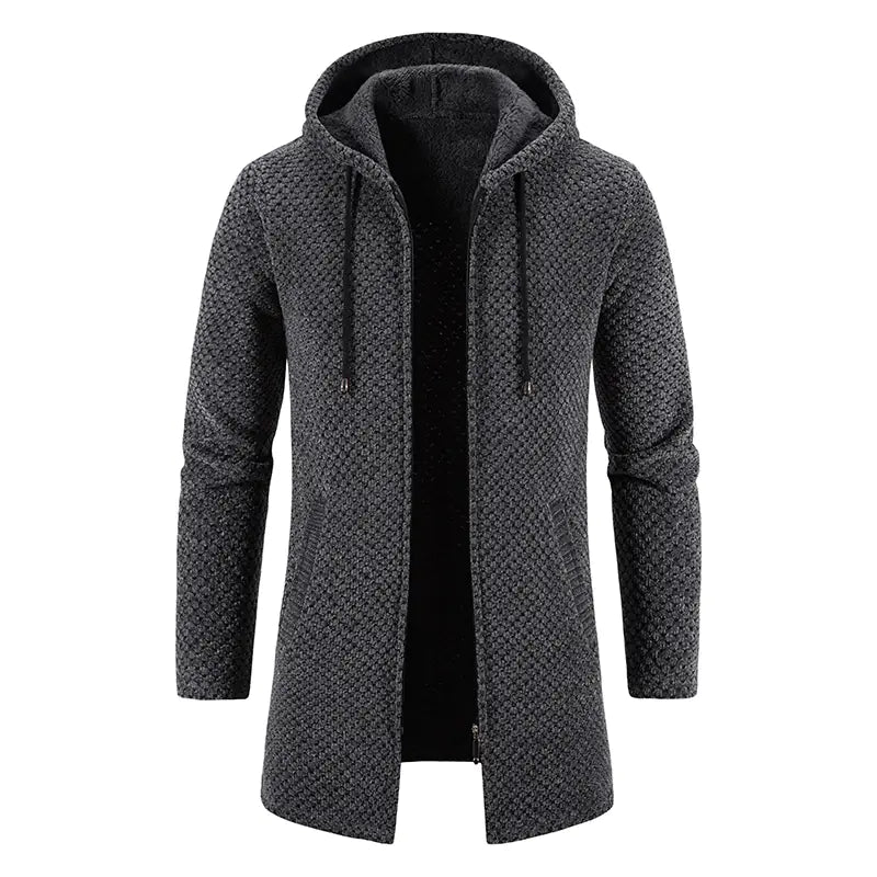 Men's Thick Plush Mid-Length Hooded Cardigan Sweater